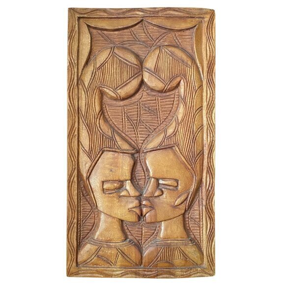 Other - Vintage Large Carved Mahogany Wall Plaque Two People Kissing